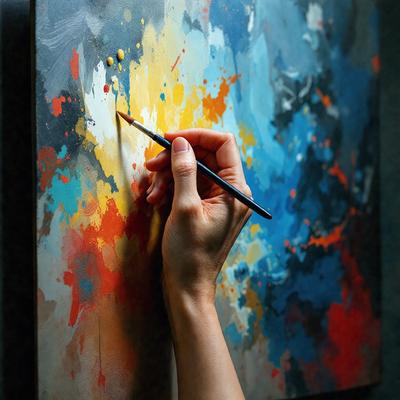 The primary subject of the image is a person holding a pencil and drawing on a piece of artwork. The setting is a room with a painting on the wall, and the visual style appears to be a combination of a photo and a drawing. The colors and mood of the image are vibrant and creative, with the person's hand and the pencil creating a sense of artistic expression.